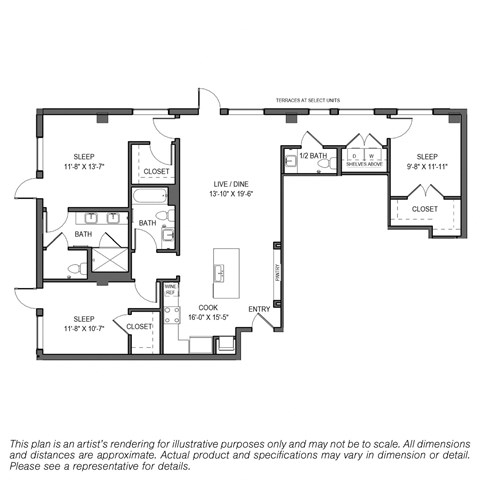 Floor plan for 3 beds, 2.5 baths, 1478 sqft
